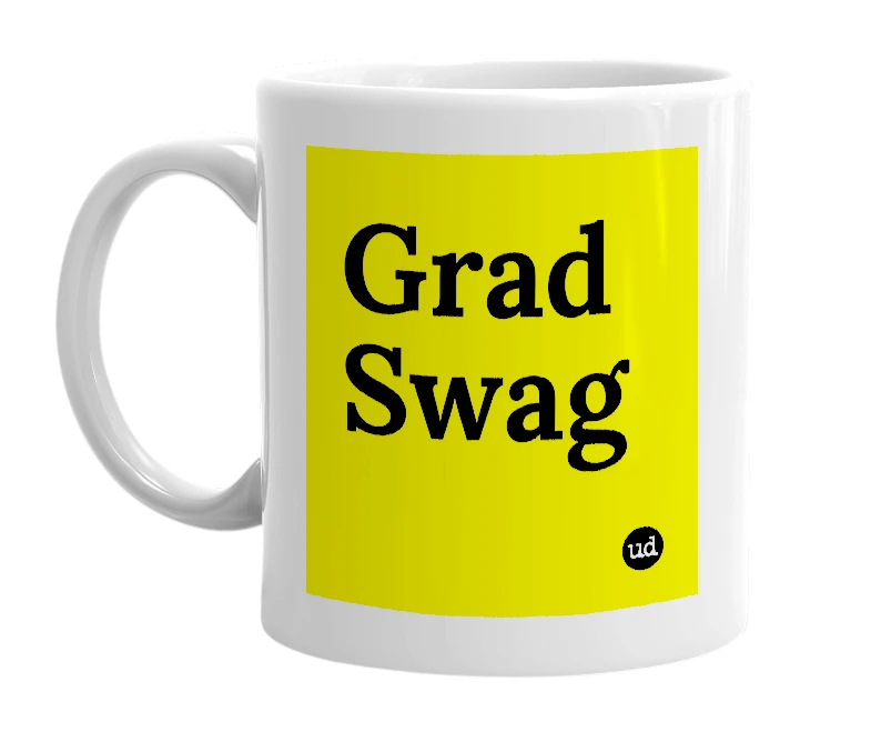 White mug with 'Grad Swag' in bold black letters