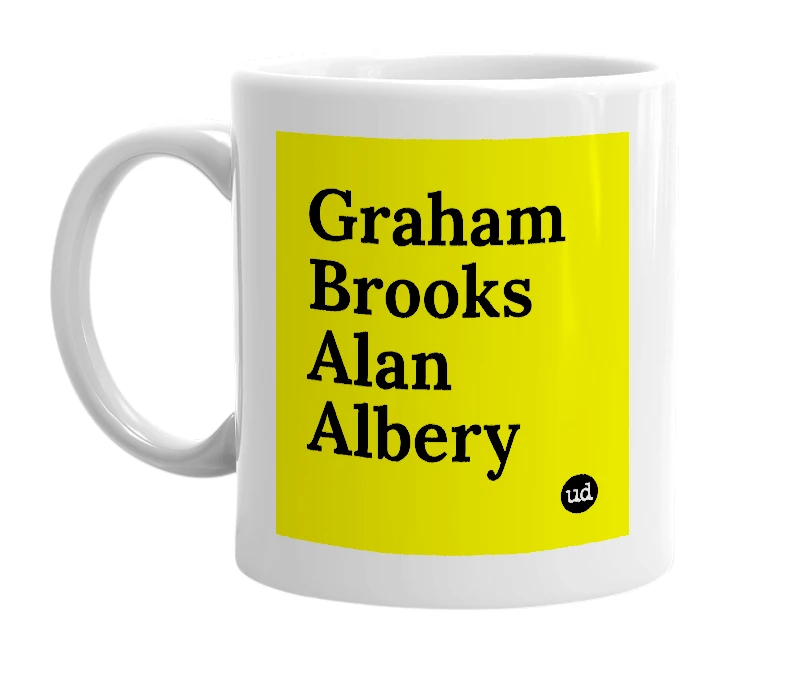 White mug with 'Graham Brooks Alan Albery' in bold black letters