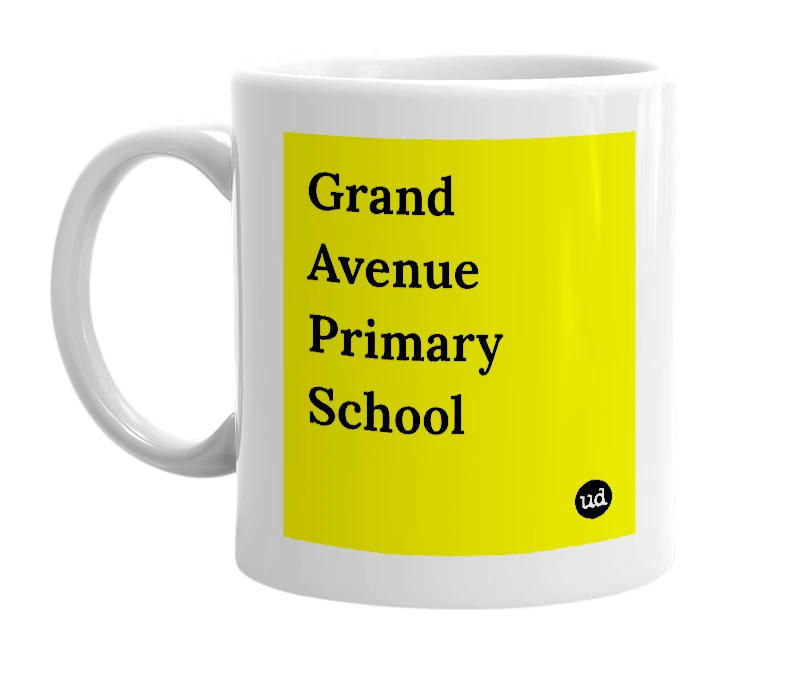 White mug with 'Grand Avenue Primary School' in bold black letters