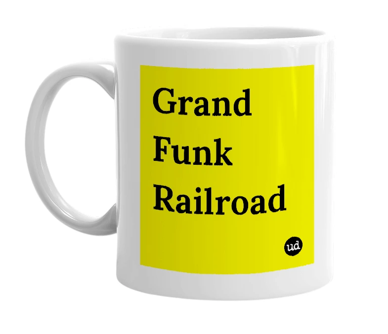 White mug with 'Grand Funk Railroad' in bold black letters