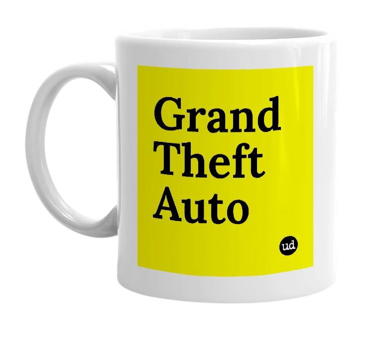 White mug with 'Grand Theft Auto' in bold black letters