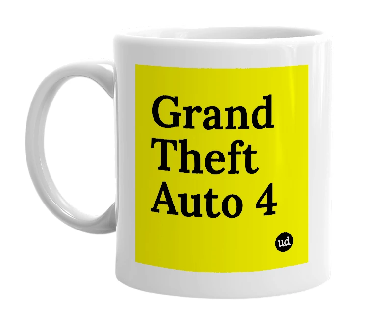 White mug with 'Grand Theft Auto 4' in bold black letters