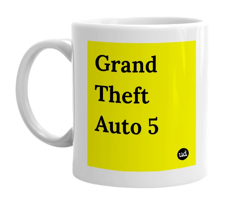 White mug with 'Grand Theft Auto 5' in bold black letters