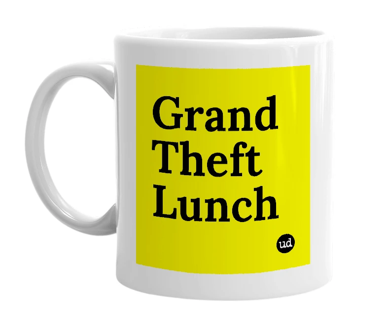 White mug with 'Grand Theft Lunch' in bold black letters