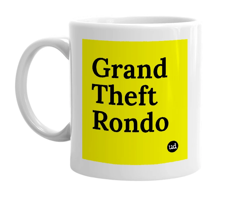 White mug with 'Grand Theft Rondo' in bold black letters