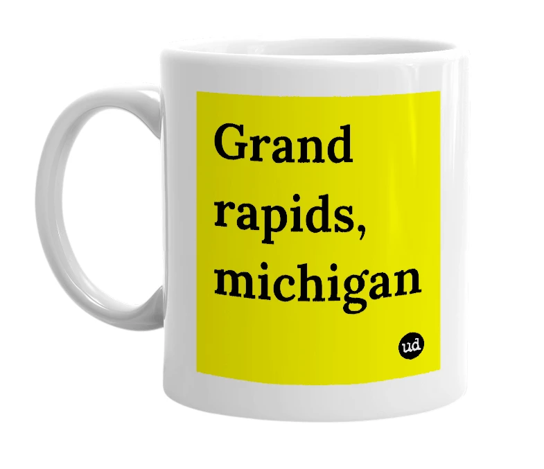 White mug with 'Grand rapids, michigan' in bold black letters