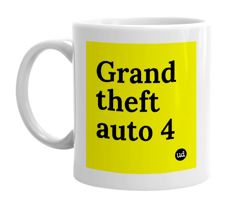 White mug with 'Grand theft auto 4' in bold black letters