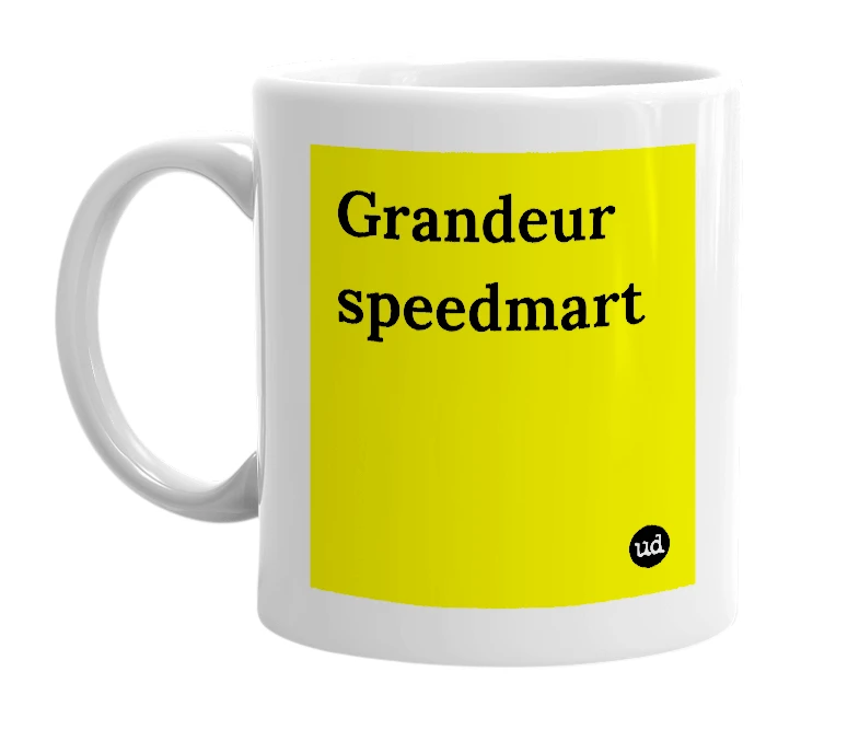 White mug with 'Grandeur speedmart' in bold black letters