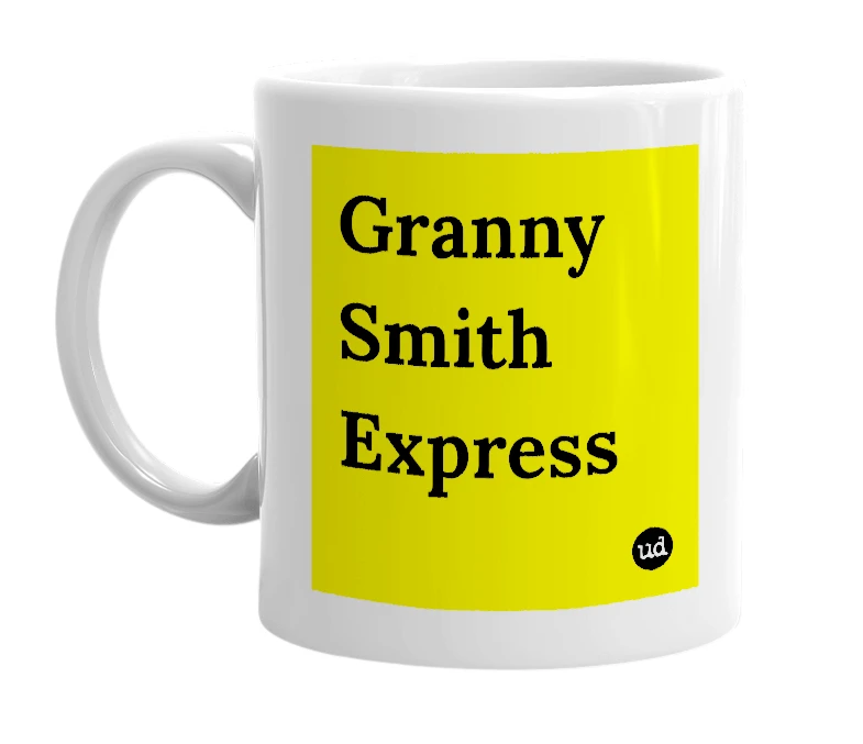 White mug with 'Granny Smith Express' in bold black letters