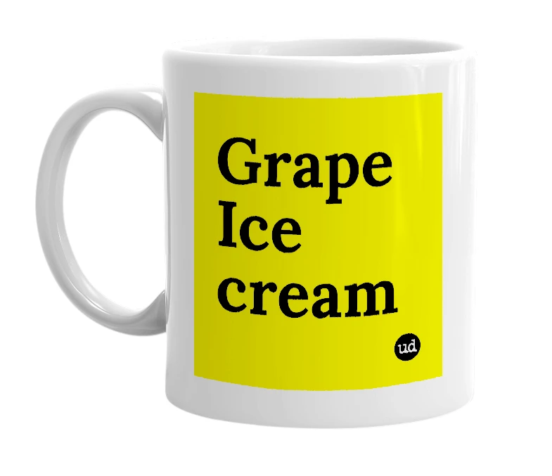 White mug with 'Grape Ice cream' in bold black letters