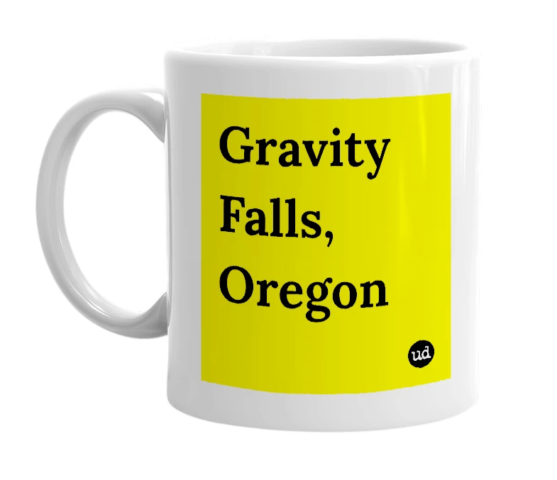 White mug with 'Gravity Falls, Oregon' in bold black letters