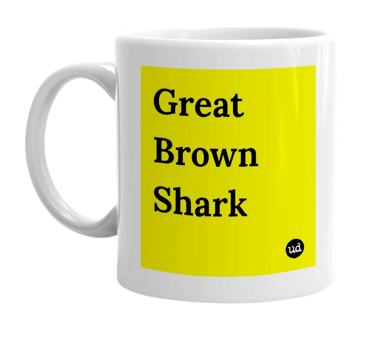 White mug with 'Great Brown Shark' in bold black letters