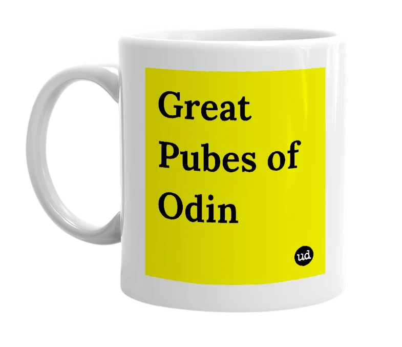 White mug with 'Great Pubes of Odin' in bold black letters
