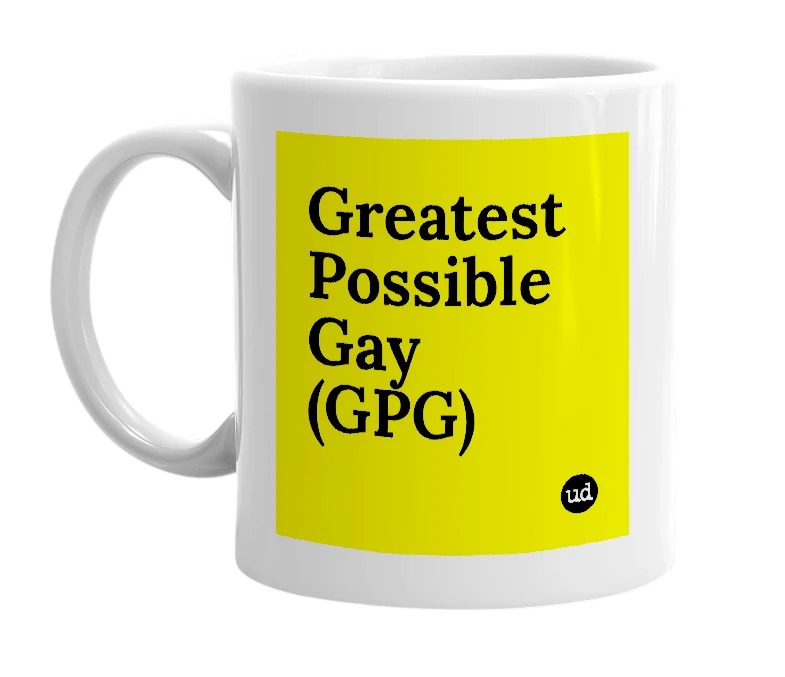 White mug with 'Greatest Possible Gay (GPG)' in bold black letters