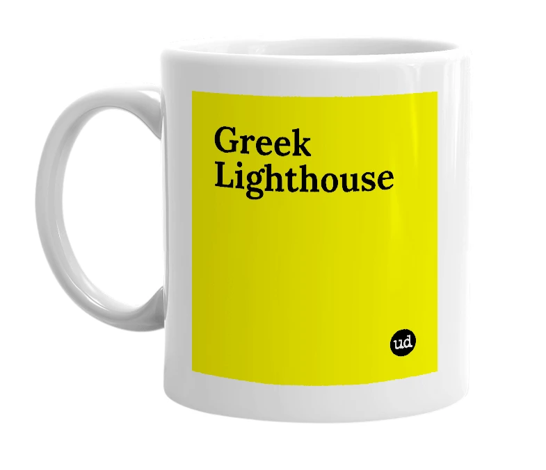 White mug with 'Greek Lighthouse' in bold black letters
