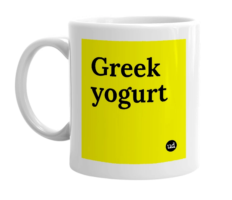 White mug with 'Greek yogurt' in bold black letters