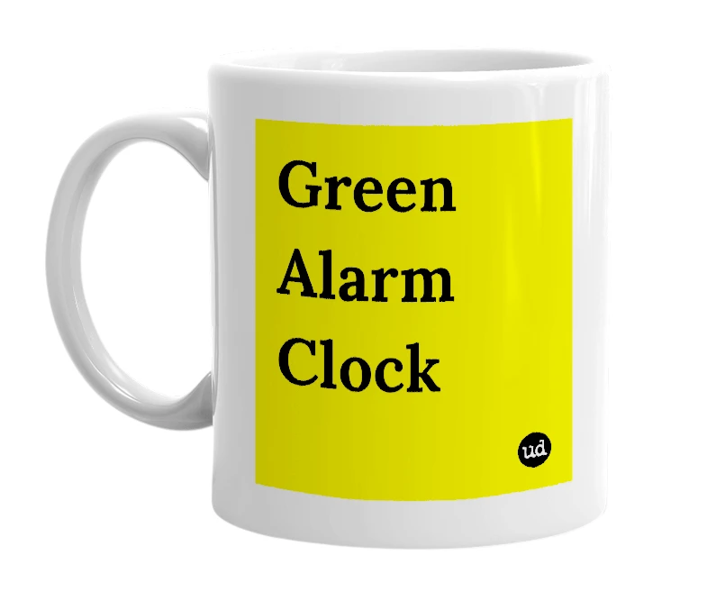 White mug with 'Green Alarm Clock' in bold black letters
