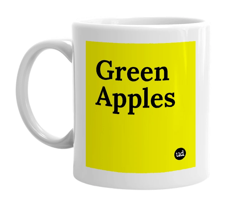 White mug with 'Green Apples' in bold black letters