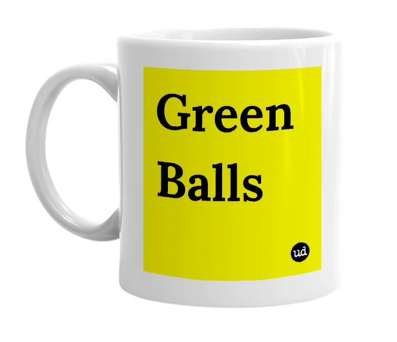 White mug with 'Green Balls' in bold black letters