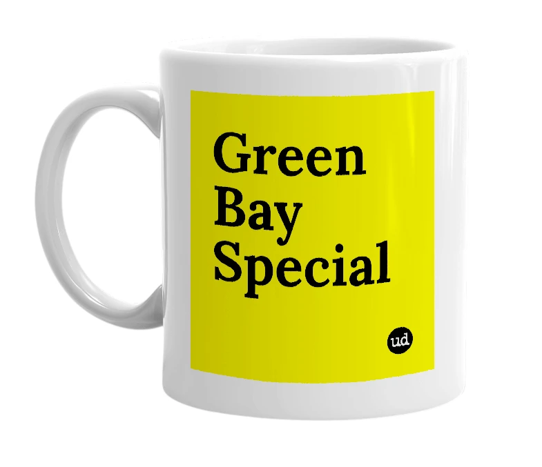 White mug with 'Green Bay Special' in bold black letters