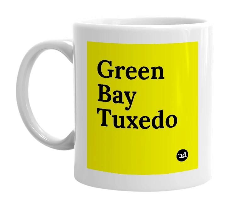 White mug with 'Green Bay Tuxedo' in bold black letters