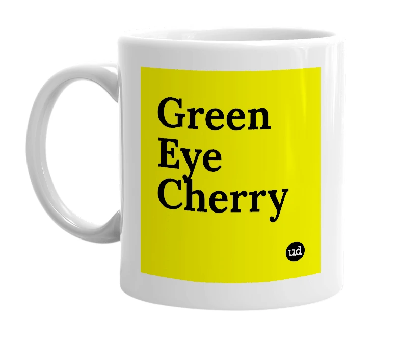 White mug with 'Green Eye Cherry' in bold black letters