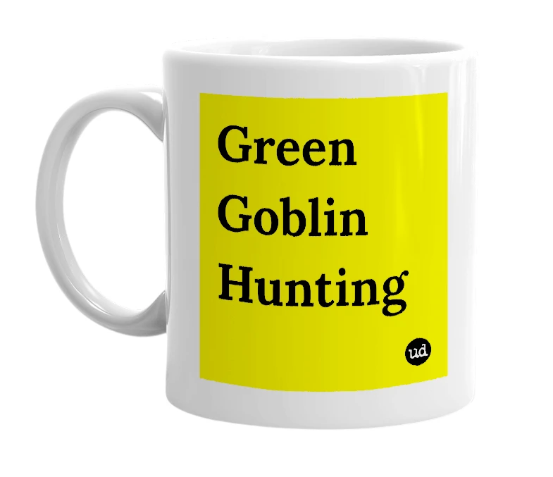 White mug with 'Green Goblin Hunting' in bold black letters