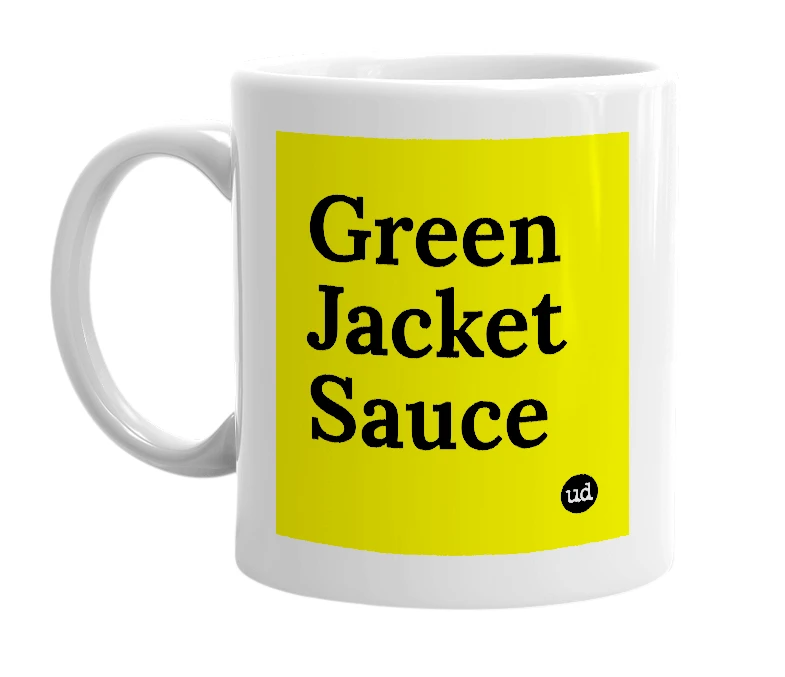 White mug with 'Green Jacket Sauce' in bold black letters