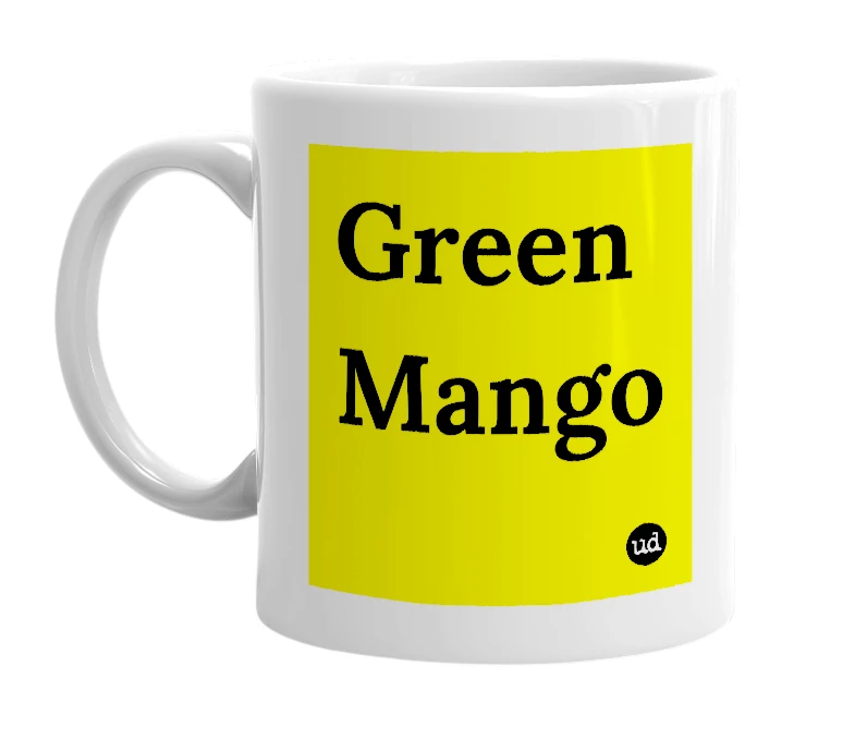 White mug with 'Green Mango' in bold black letters