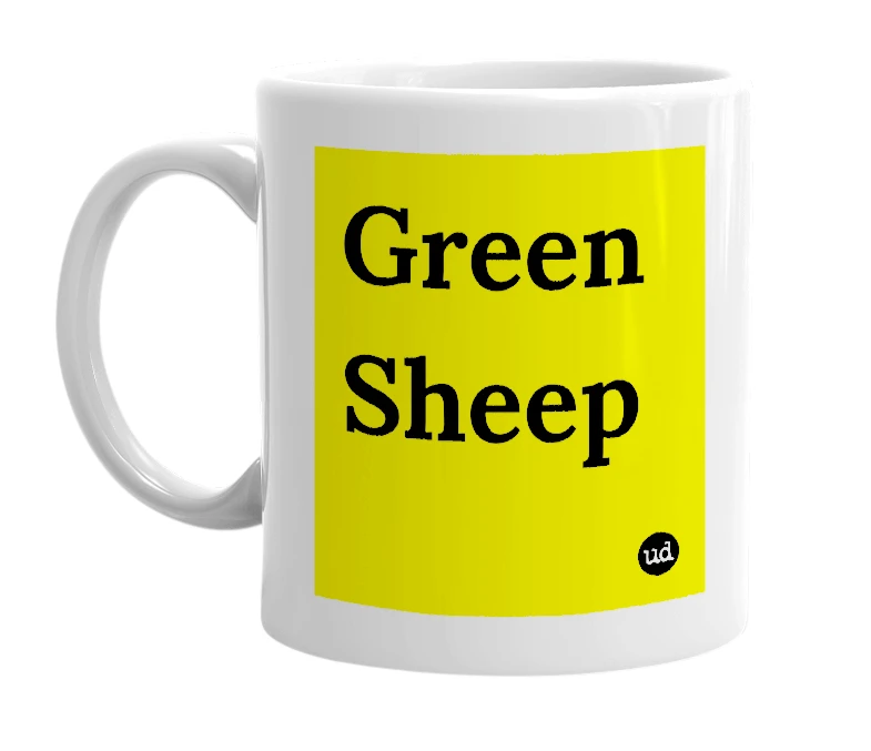 White mug with 'Green Sheep' in bold black letters