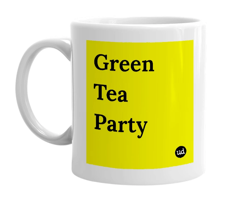 White mug with 'Green Tea Party' in bold black letters