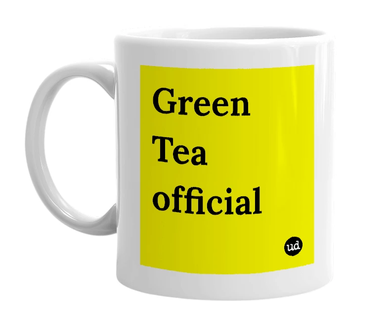 White mug with 'Green Tea official' in bold black letters