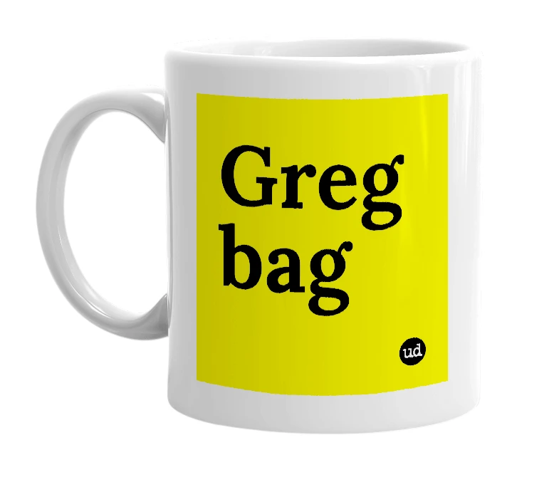 White mug with 'Greg bag' in bold black letters