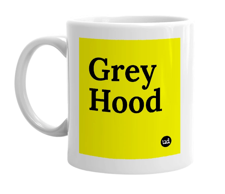 White mug with 'Grey Hood' in bold black letters