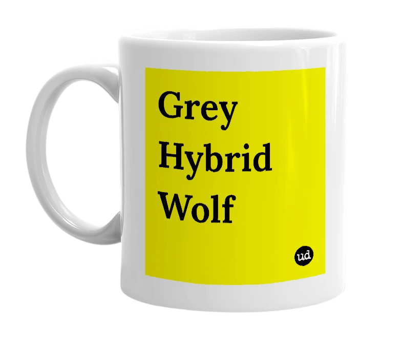 White mug with 'Grey Hybrid Wolf' in bold black letters