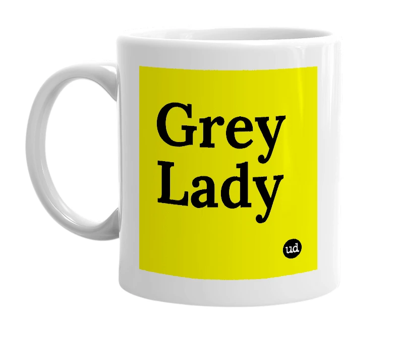 White mug with 'Grey Lady' in bold black letters