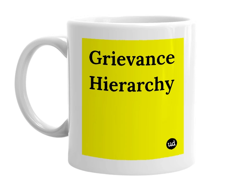 White mug with 'Grievance Hierarchy' in bold black letters