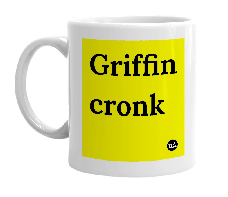 White mug with 'Griffin cronk' in bold black letters