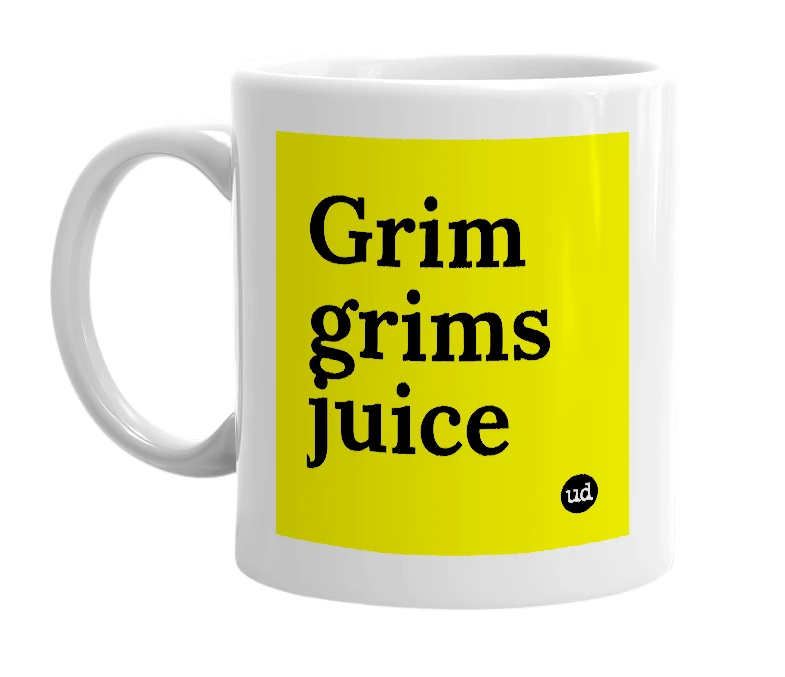 White mug with 'Grim grims juice' in bold black letters