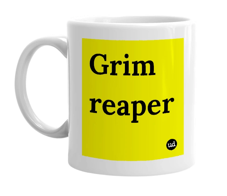 White mug with 'Grim reaper' in bold black letters