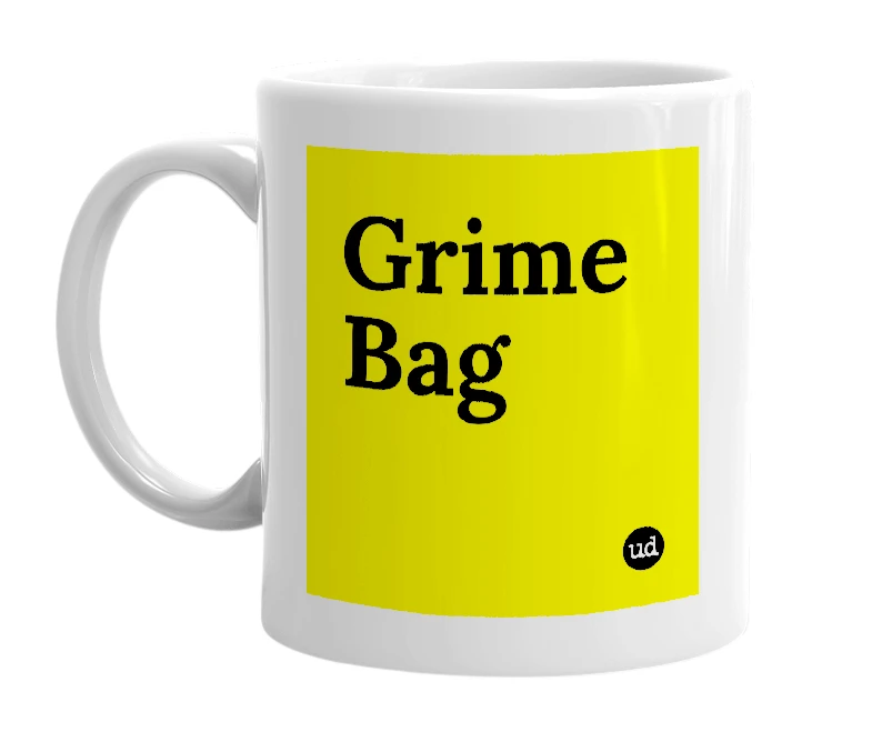 White mug with 'Grime Bag' in bold black letters