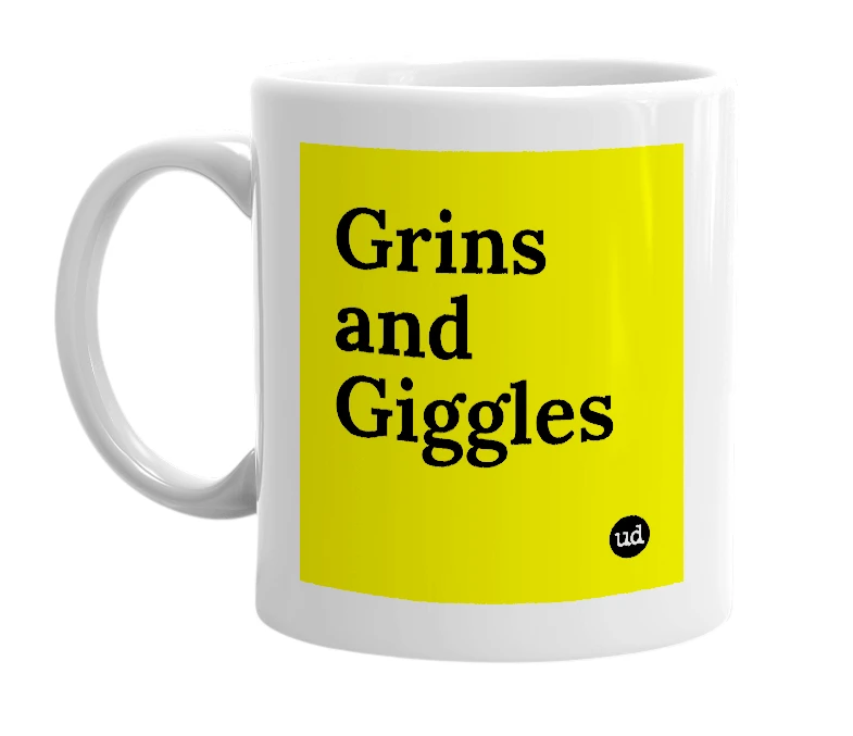 White mug with 'Grins and Giggles' in bold black letters
