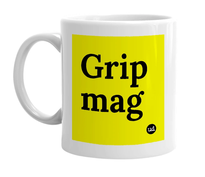 White mug with 'Grip mag' in bold black letters