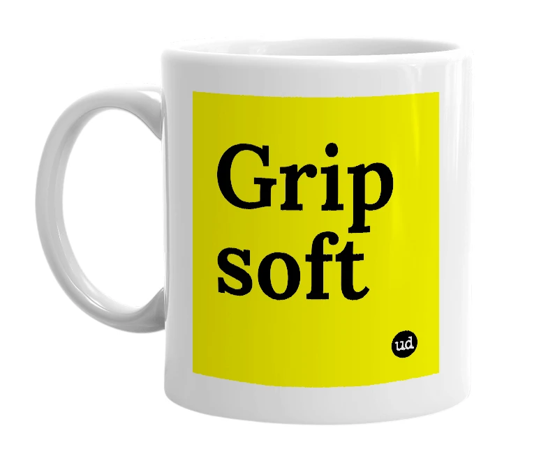 White mug with 'Grip soft' in bold black letters