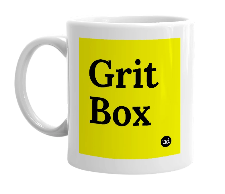 White mug with 'Grit Box' in bold black letters