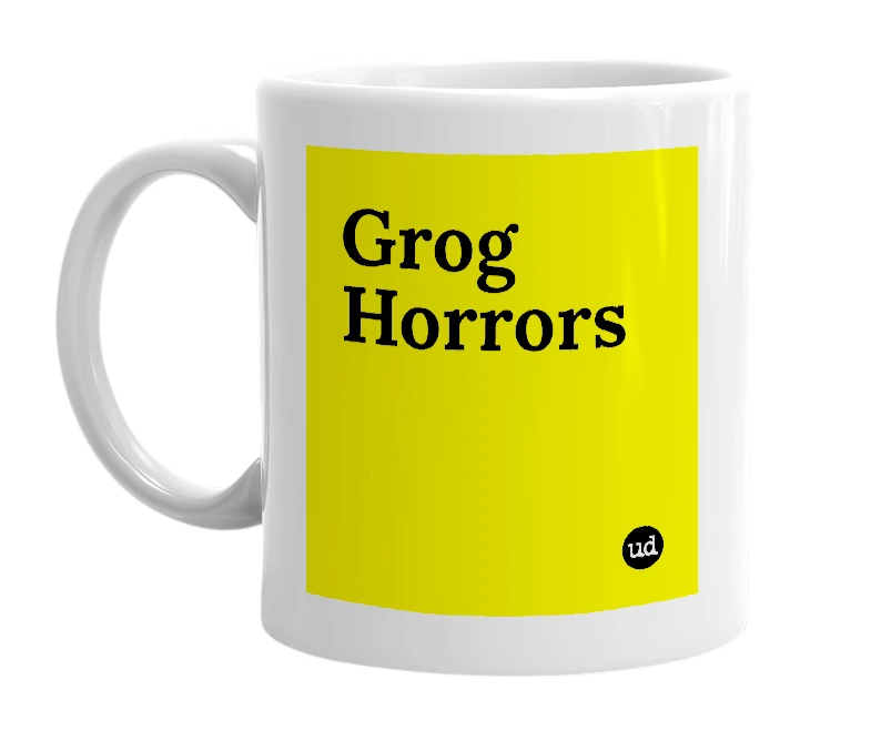 White mug with 'Grog Horrors' in bold black letters