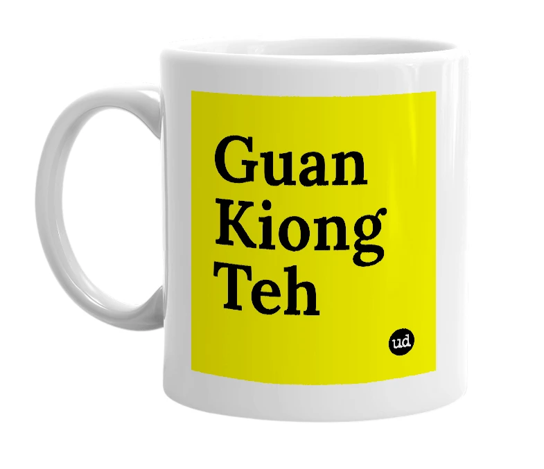 White mug with 'Guan Kiong Teh' in bold black letters