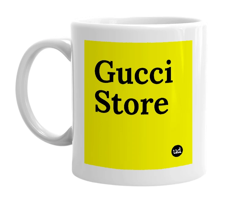 White mug with 'Gucci Store' in bold black letters