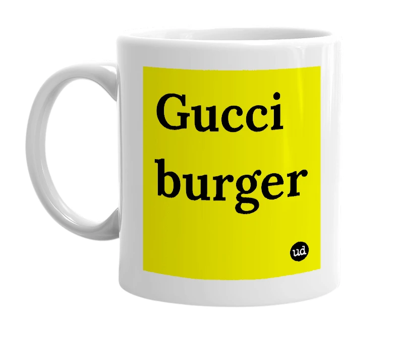 White mug with 'Gucci burger' in bold black letters