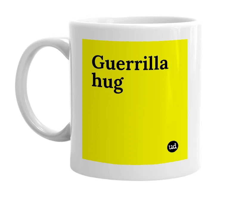 White mug with 'Guerrilla hug' in bold black letters